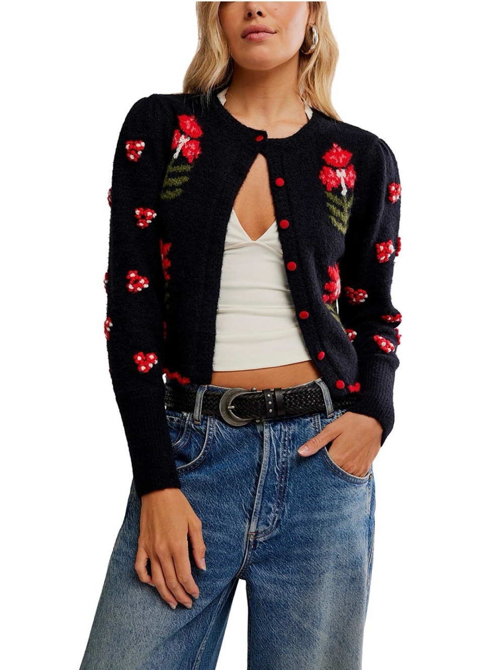 Free People Nonna Crewneck Cardigan Sweater, Size MEDIUM